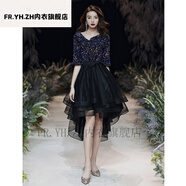 FR.YH.ZH黑色年會(huì)晚禮服裙女2023新款法式小個(gè)子宴會(huì)氣質(zhì)輕奢眾主持人 藏青色+黑色前短后長(zhǎng)V領(lǐng) M