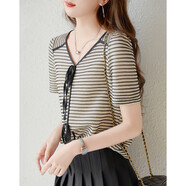 德瑪納【法式圖鑒】夏撞色V領(lǐng)短袖t恤女蝴蝶結下擺開(kāi)衩肌理感女式t恤