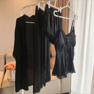 花感睡衣女款2024新款套裝帶胸墊小胸夏季冰絲性感吊帶睡衣 黑色（套裝+外袍+長(cháng)褲） XL （建議體重：120-140）