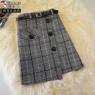 啄木鳥(niǎo)韓版毛呢格子半身裙女秋冬新款排扣不規則a字短裙高腰呢子大碼裙 31號皮帶呢子裙  灰色 L
