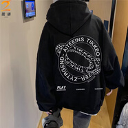 琉語(yǔ)美式高街米白重磅衛衣男春秋款hiphop歐美潮流慵懶風(fēng)連帽外套 黑色 XL
