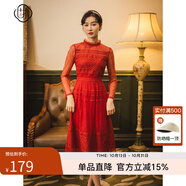 固執(zhí)（OBSTINATE）【特價】紅色連衣裙女裝春季新款本命年訂婚服長袖網(wǎng)紗中長A字裙 棗紅 M