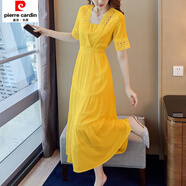 皮爾卡丹雪紡連衣裙女夏2025年新款顯瘦氣質(zhì)白色仙氣長(cháng)裙夏天仙女裙子超仙 黃色8376 XL 115-125