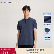TOMMY HILFIGER【潮流多色】春夏男裝珠地棉商務休閑純色短袖T恤翻領POLO衫 煙灰藍C9T XL (推薦：165-180斤)