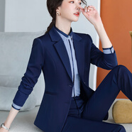 BILLIE GENE大學(xué)生西裝外套女職業(yè)正裝大碼套裝修身黑西服面試答辯工作小個(gè)子 藏青（外套+褲子+襯衫） 2XL