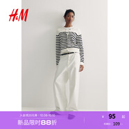 H&M【徐若晗同款】女裝毛針織衫秋慵懶短款打底衫miu系薄開(kāi)衫0579541 白色/黑色條紋 M 165/96