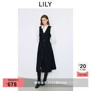 LILY2025冬新款羊毛混紡經(jīng)典氣質(zhì)V領(lǐng)腰帶黑色背心連衣裙百褶裙女 510黑 S