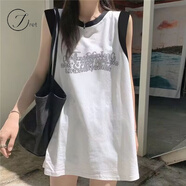 Jret吊帶坎肩圓領(lǐng)印花無(wú)袖背心女可外穿中長(zhǎng)款寬松顯瘦遮屁股ins上衣 拼接背心【白灰色英文】 L 建議100-120斤