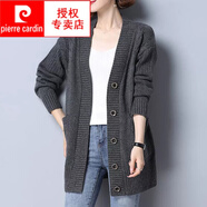 皮爾卡丹（pierre cardin）羊毛衫24秋冬季中長款外穿毛衣外套女新款韓版寬松V領(lǐng)針織開衫上 灰色 2XL 125斤-135斤