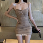 性感修身顯瘦吊帶裙女打底裙秋高腰短裙子褶皺感氣質包臀連衣裙夏 卡其色【鹽系炸街】 【單層】 S 建議80-95斤