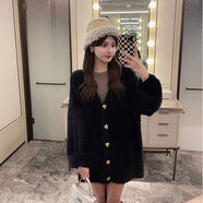 葉余紅色水貂絨毛衣開(kāi)衫外套女加厚中長(cháng)款秋冬寬松慵懶溫柔軟糯毛茸茸 黑色【不掉毛】 M 建議100-115斤