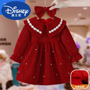 迪士尼女童連衣裙2025新款春款兒童公主裙寶寶冬款禮服紅色加絨裙拜年服 紅色加.絨 80