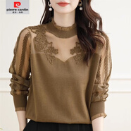 皮爾卡丹（pierre cardin）洋氣寬松秋裝新款花邊半高領(lǐng)毛衣時尚蕾絲針織上衣女鏤空打底衫薄 咖色 M 85-110斤
