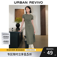 UR夏季新款女裝時尚褶皺收腰修身圓領(lǐng)短袖連衣裙UWG740021 灰綠 XS