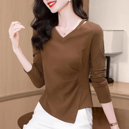 v領(lǐng)黑色長(cháng)袖t恤女打底衫春秋2025新款早秋內搭女裝正肩設計感上衣 深咖色 退換貨包郵 M