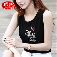 浪莎（LangSha）輕奢高檔品牌純棉吊帶背心女寬松大碼圓領(lǐng)無袖印花T恤女背帶背心 黑色-Da蝴蝶白(純棉) 2XL 建議130-145斤