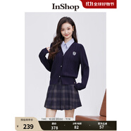 InShop【商場同款】新款學院風刺繡毛衣外套女條紋拼接假兩件上衣 藏藍色 均碼