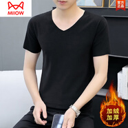 貓人（MiiOW）加絨短袖保暖內(nèi)衣男t恤修身低領(lǐng)打底衫半袖秋衣男士德絨無痕上衣 503黑色 XL