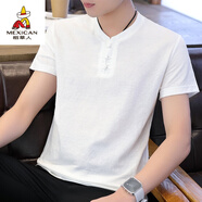 稻草人男士中國風(fēng)亞麻短袖t恤韓版復古青年半袖打底衣服潮男裝棉麻體恤 9810白色 3XL