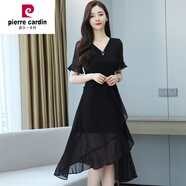 皮爾卡丹（pierre cardin）雪紡連衣裙女夏短袖V領(lǐng)不規(guī)則中長(zhǎng)款大I碼35-40歲氣質(zhì)燕尾紗裙顯 黑色連衣裙 2XL