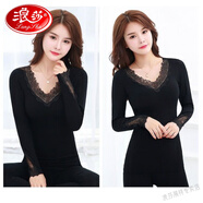 浪莎（LangSha）冬季女士保暖內衣女加厚加絨緊身打底蕾絲花邊秋衣秋褲一套裝大紅 升級版5502黑色保暖套 L 【100-120斤】