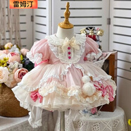雷姆汀女童洛麗塔粉色蓬蓬公主裙短袖周歲女寶寶禮服洋裝宮廷風(fēng)連衣裙 粉紅玫瑰 90
