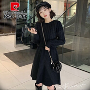 皮爾卡丹（pierre cardin）小個(gè)子秋裝針織連衣裙中長(cháng)款小黑裙長(cháng)袖百搭打底衫收腰A字毛衣裙 黑色 S