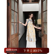 三吉黑花【凝妝】新中式國風連衣裙子2025新款重工繡花背心旗袍裙 松黃 S