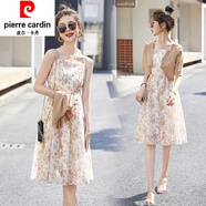 皮爾卡丹（pierre cardin）碎花吊帶裙2025春夏新款女裝時尚針織開衫配中長連衣裙兩件套套裝 卡其 M