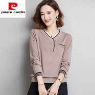 皮爾卡丹（pierre cardin）秋季小衫天絲羊毛針織衫女薄款毛衣長(zhǎng)袖t恤v領(lǐng)上衣減齡寬松打底衫 香檳 L 適合108-118斤