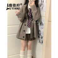 鹿依檸新款連衣裙女2024秋冬女裝日系復(fù)古減齡學(xué)院風(fēng)學(xué)生jk制服套裝裙子 咖色開(kāi)衫+襯衣+百褶短裙 L