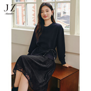 玖姿·安娜蔻浪漫拼接圓領(lǐng)蕾絲皮腰帶修身針織連衣裙女2024春款 深藍 M