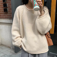 HUALIN FASHION洋氣黃針織衫2025女初秋慵懶風(fēng)粗棒針套頭毛衣外穿 米白色 XL 建議120-130斤