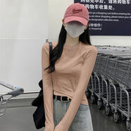 黑色長(cháng)袖T恤女裝早秋2025新款正肩圓領(lǐng)小眾印花設計修身短款上衣 卡其色時(shí)裝輕奢高端短上衣歐美茶系甜辣超好看純欲少女 S S建議80-100斤