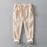 構致（GLOY&ZENITH）亞麻休閑褲子男寬松透氣松緊腰抽繩棉麻中國風(fēng)苧麻直筒褲長(cháng)褲 加絨卡其色 3XL (175-190斤)