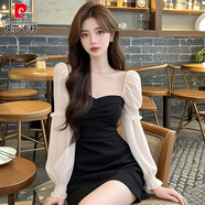 皮爾卡丹（pierre cardin）法名媛風(fēng)撞色方領(lǐng)網(wǎng)紗長袖連衣裙女氣質(zhì)感收腰顯瘦包臀短裙 黑色連衣裙 L 建議110-120斤左右