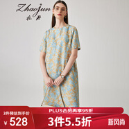 兆君2024春夏真絲新款時(shí)尚復(fù)古印花連衣裙女短袖桑蠶絲裙子 藍(lán)色印花 L