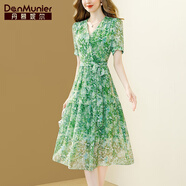 丹慕妮爾綠色法式v領(lǐng)碎花連衣裙女2024夏季新款氣質(zhì)收腰中長(cháng)裙子 綠色 M