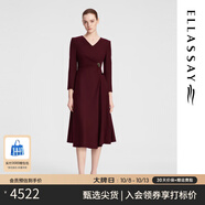 歌力思（ELLASSAY）秋季新款綿羊毛優(yōu)雅氣質(zhì)不對稱高腰捏褶V領(lǐng)連衣裙女EWF353Y05000 酒紅色 L