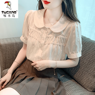 啄木鳥娃娃領(lǐng)短袖雪紡冰絲襯衫女夏裝2025夏季新款泡泡袖設(shè)計感小眾上衣 杏色 2XL [126-140斤]
