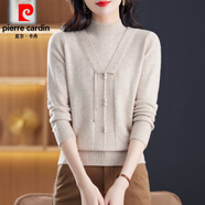 皮爾卡丹（pierre cardin）假兩件針織打底衫半高領(lǐng)加厚中年媽媽冬裝女裝秋冬保暖毛衣服顯瘦 米杏 M 165