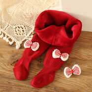 毛毛鴨嬰兒連褲襪冬款加厚加絨保暖紅色喜慶新年大PP女童寶寶打底褲連腳  領(lǐng)結千鳥(niǎo)格 1條 2-4歲 L：身高83-93CM