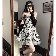 GUOCILRN甜美純欲風(fēng)碎花吊帶裙+防曬開衫套裝女收腰短款小性感蓬蓬連衣裙 黑色吊帶裙+開衫[兩件套] XL 建議115-125斤
