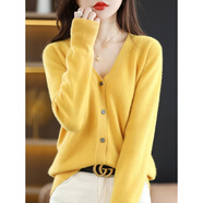 咪小主 針織開(kāi)衫2024年秋冬女裝新款寬松v領(lǐng)純色短款上衣外套毛 姜黃色 XL （130-140斤）