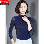 皮爾卡丹時尚洋氣網(wǎng)紗打底衫女春秋長袖薄款紗衣亮絲小衫修身顯瘦上衣 深藍色 XL