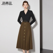 海青藍（CYANINE SEA）2024秋季新款時(shí)尚氣質(zhì)優(yōu)雅端莊假兩件拼接長(cháng)袖V領(lǐng)高腰連衣裙女 棕色 S