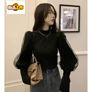 皮爾卡丹（pierre cardin）黑色半高領(lǐng)網(wǎng)紗針織上衣女春秋修身內搭打底衫感加絨加厚毛衣 黑色【多巴胺穿搭/機能風(fēng)辣妹/甜 S
