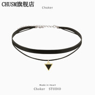 CARVELOVECHUSM黑色choker脖頸鏈項圈鎖骨鏈女小眾設計項鏈chocker百搭脖子 雙層三角吊墜