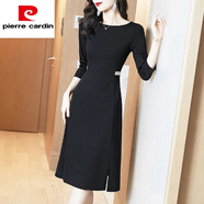 皮爾卡丹（pierre cardin）黑色赫本風(fēng)連衣裙淑女新款秋裝女裝小個(gè)子氣質(zhì)裙子高腰顯瘦小黑裙 黑色 L115內(nèi)
