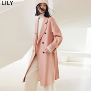 LILY冬新款女裝舒適保暖全綿羊毛高級感純色寬松毛呢大衣外套 122粉紅 S